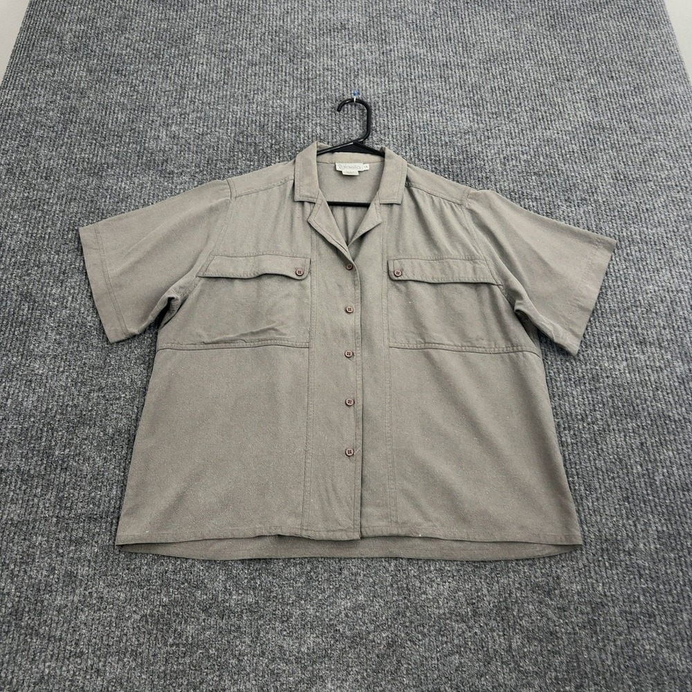 Rafaella Button Up Womens 14 Gray 100% Silk Short Sleeve Utility Safari Minimal